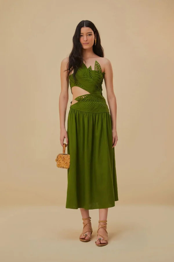 FARM Rio GREEN LEAVES CUT OUT MIDI DRESS Clearance