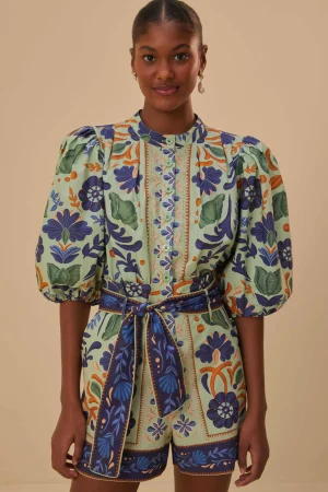 FARM Rio GREEN OCEAN TAPESTRY BELTED ROMPER Fashion