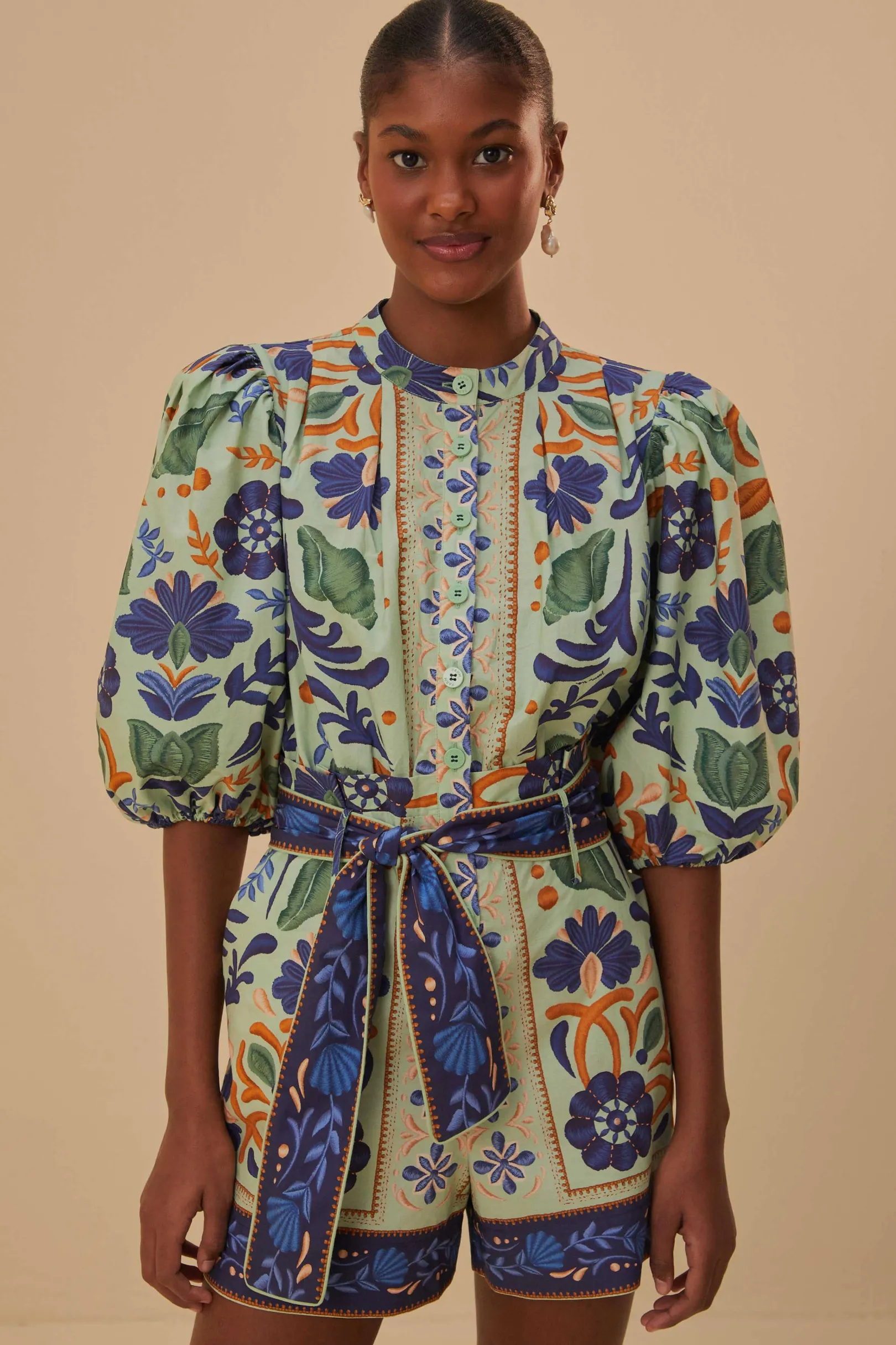 FARM Rio GREEN OCEAN TAPESTRY BELTED ROMPER Fashion
