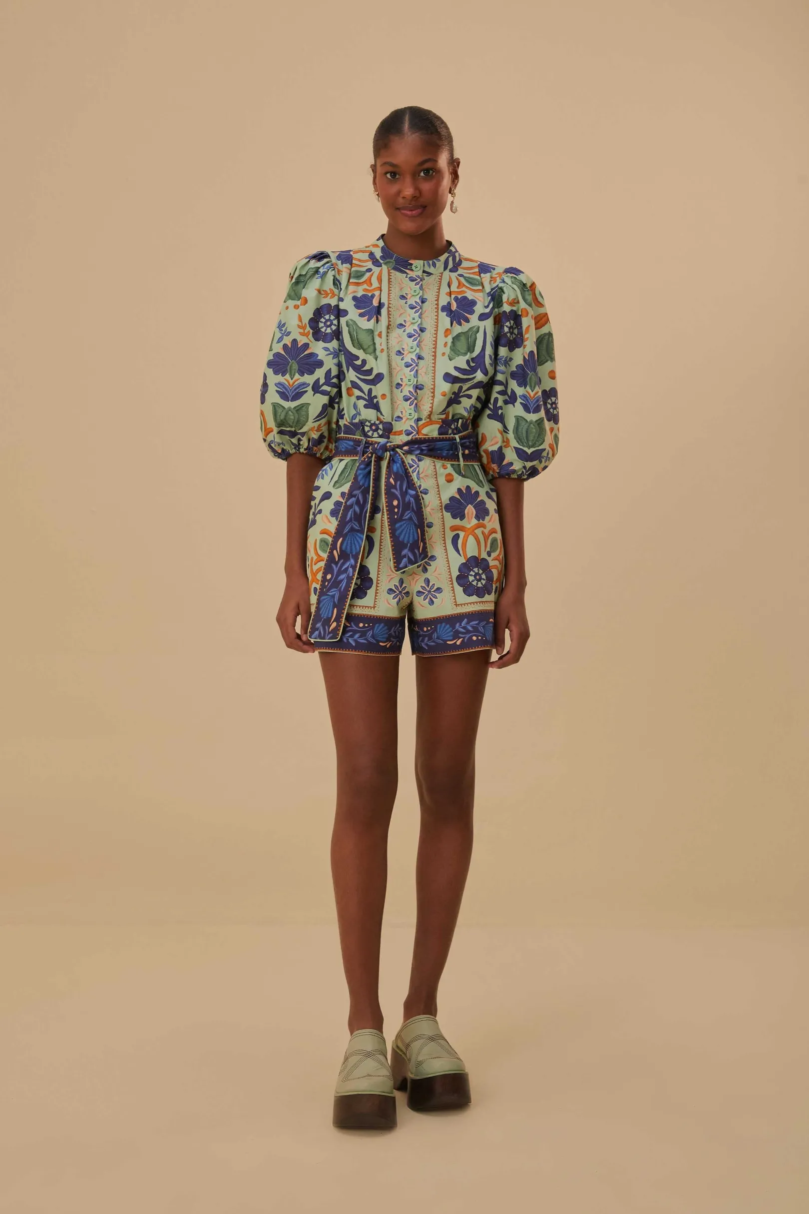 FARM Rio GREEN OCEAN TAPESTRY BELTED ROMPER Fashion