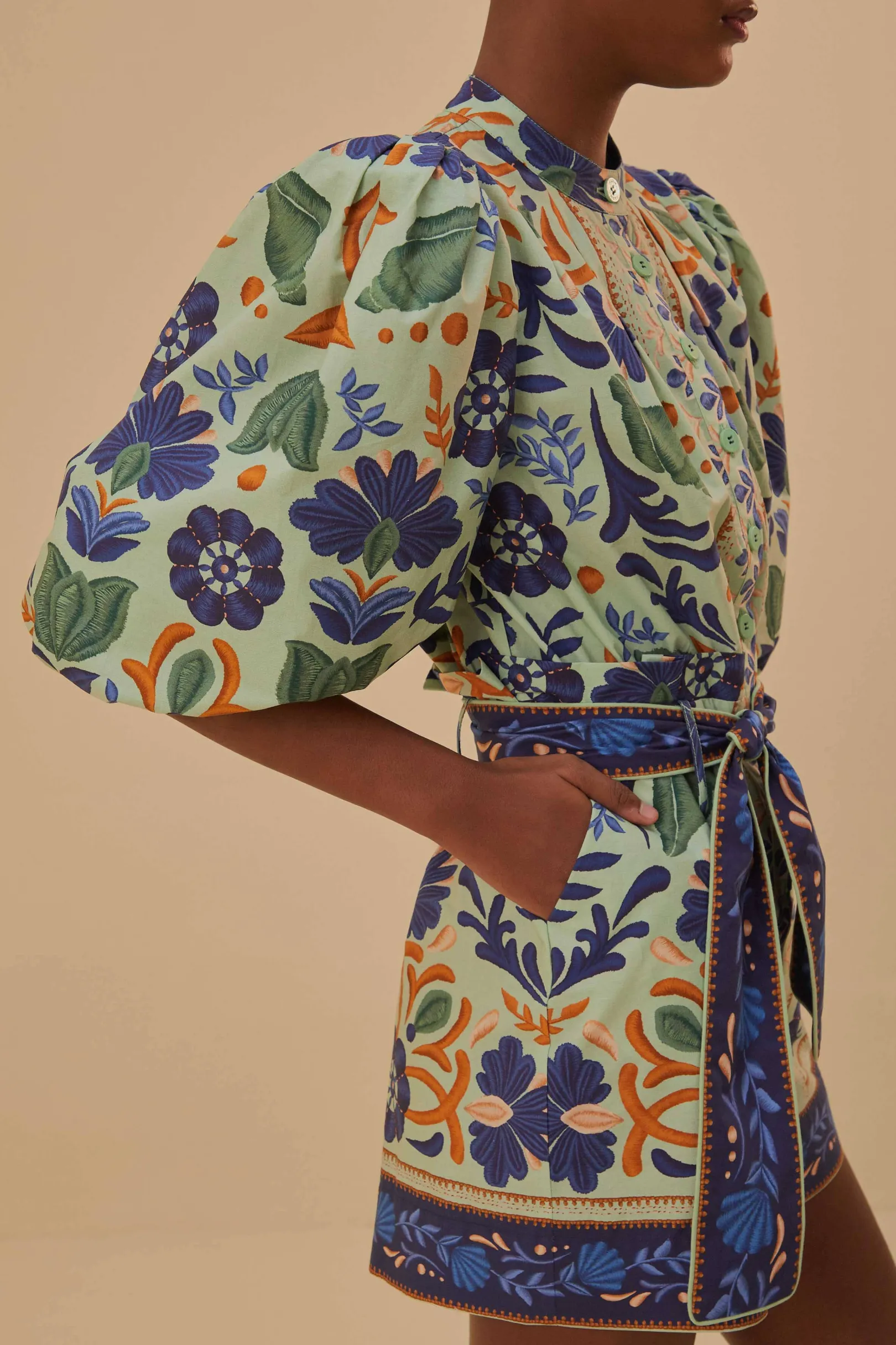 FARM Rio GREEN OCEAN TAPESTRY BELTED ROMPER Fashion