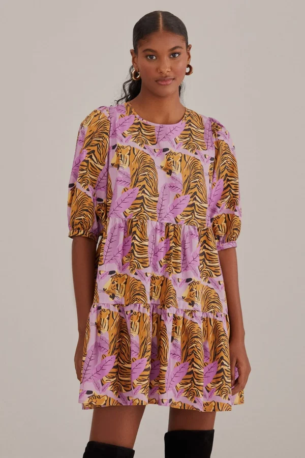 FARM Rio LAVENDER TIGER LEAVES PUFF SLEEVE MINI DRESS Discount