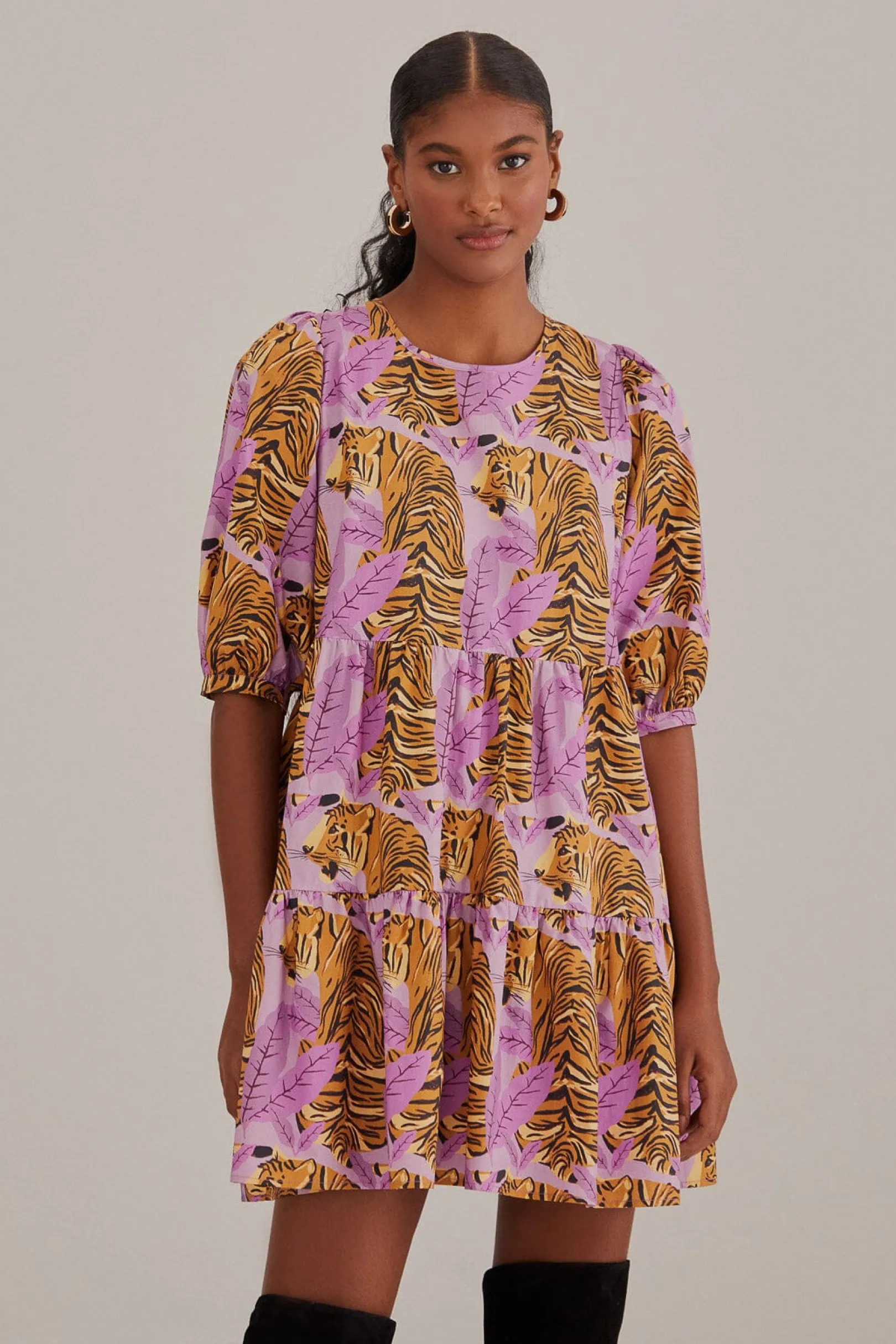 FARM Rio LAVENDER TIGER LEAVES PUFF SLEEVE MINI DRESS Discount