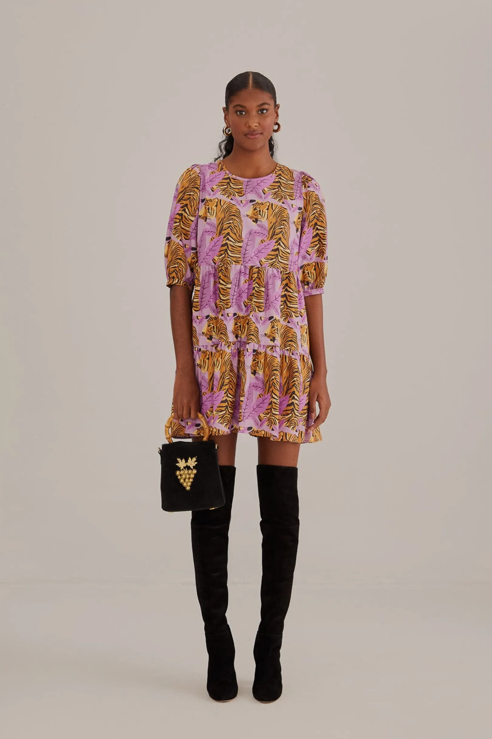 FARM Rio LAVENDER TIGER LEAVES PUFF SLEEVE MINI DRESS Discount