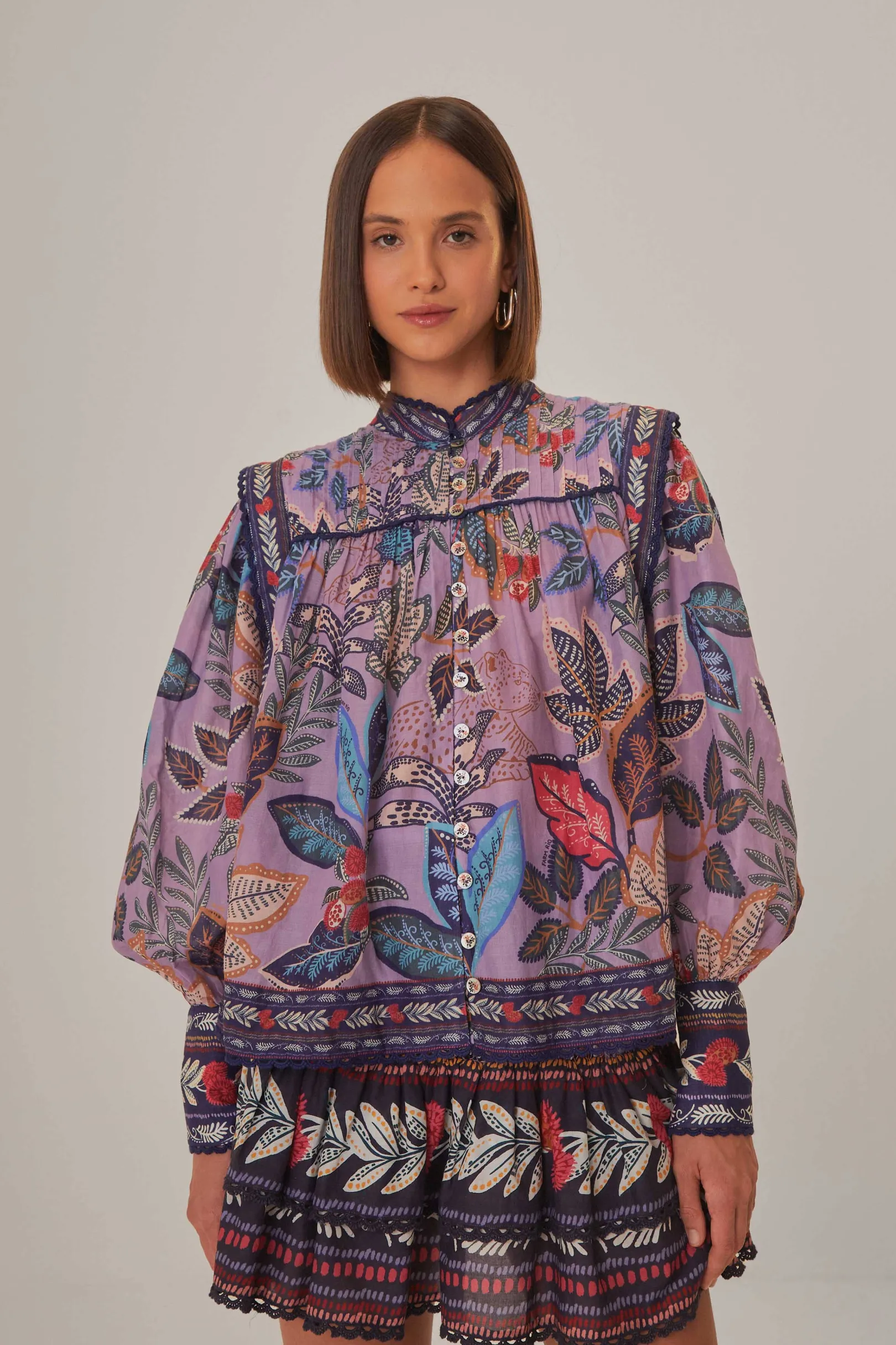 FARM Rio LAVENDER WILD NIGHT LONG SLEEVE BLOUSE Cheap
