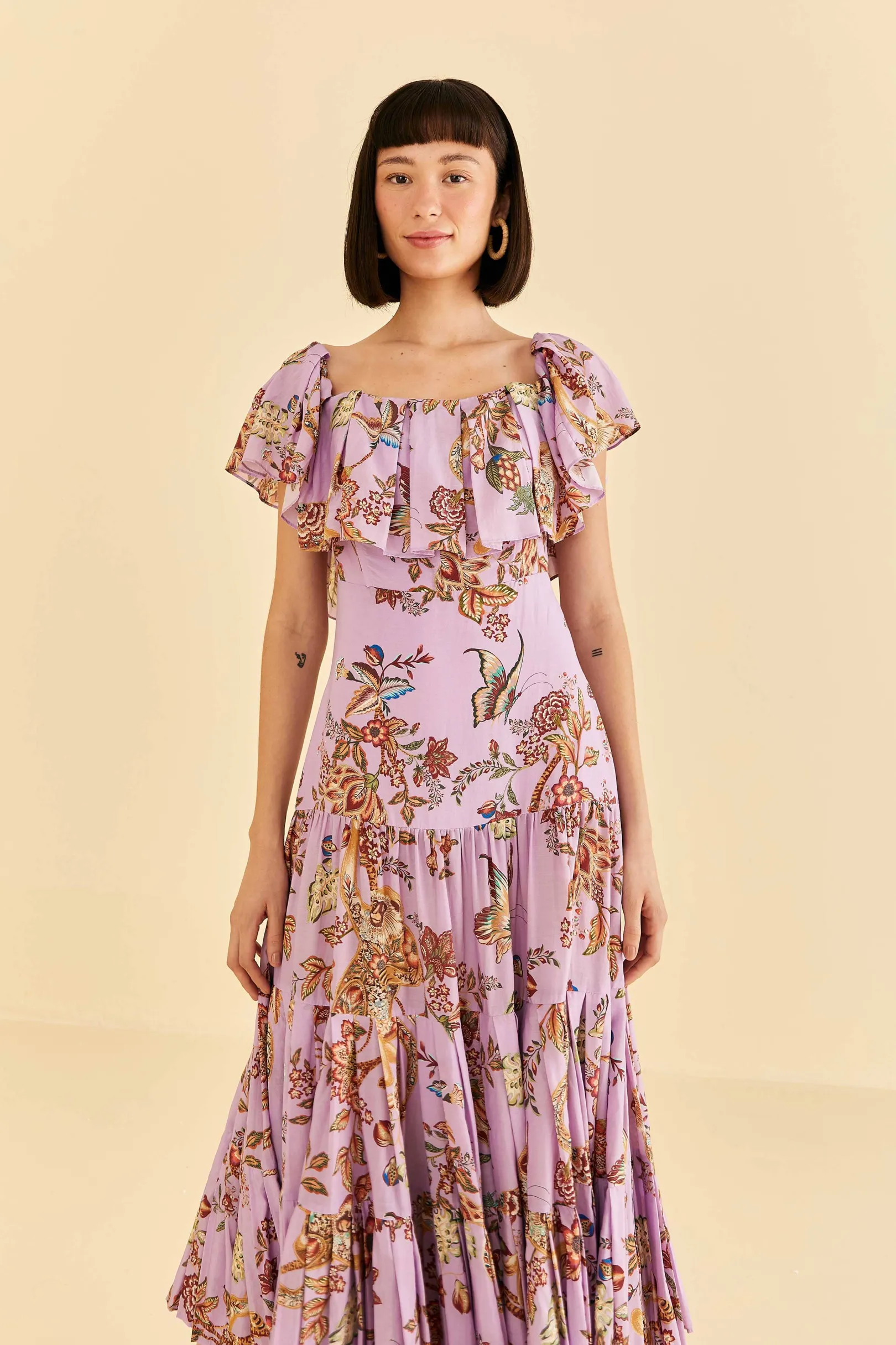 FARM Rio LILAC FLORAL MONKEY SHORT SLEEVE MAXI DRESS Best Sale
