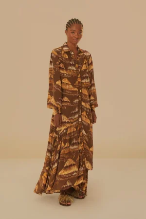 FARM Rio MALOCAS BEIGE LONG SLEEVE MIDI DRESS Discount