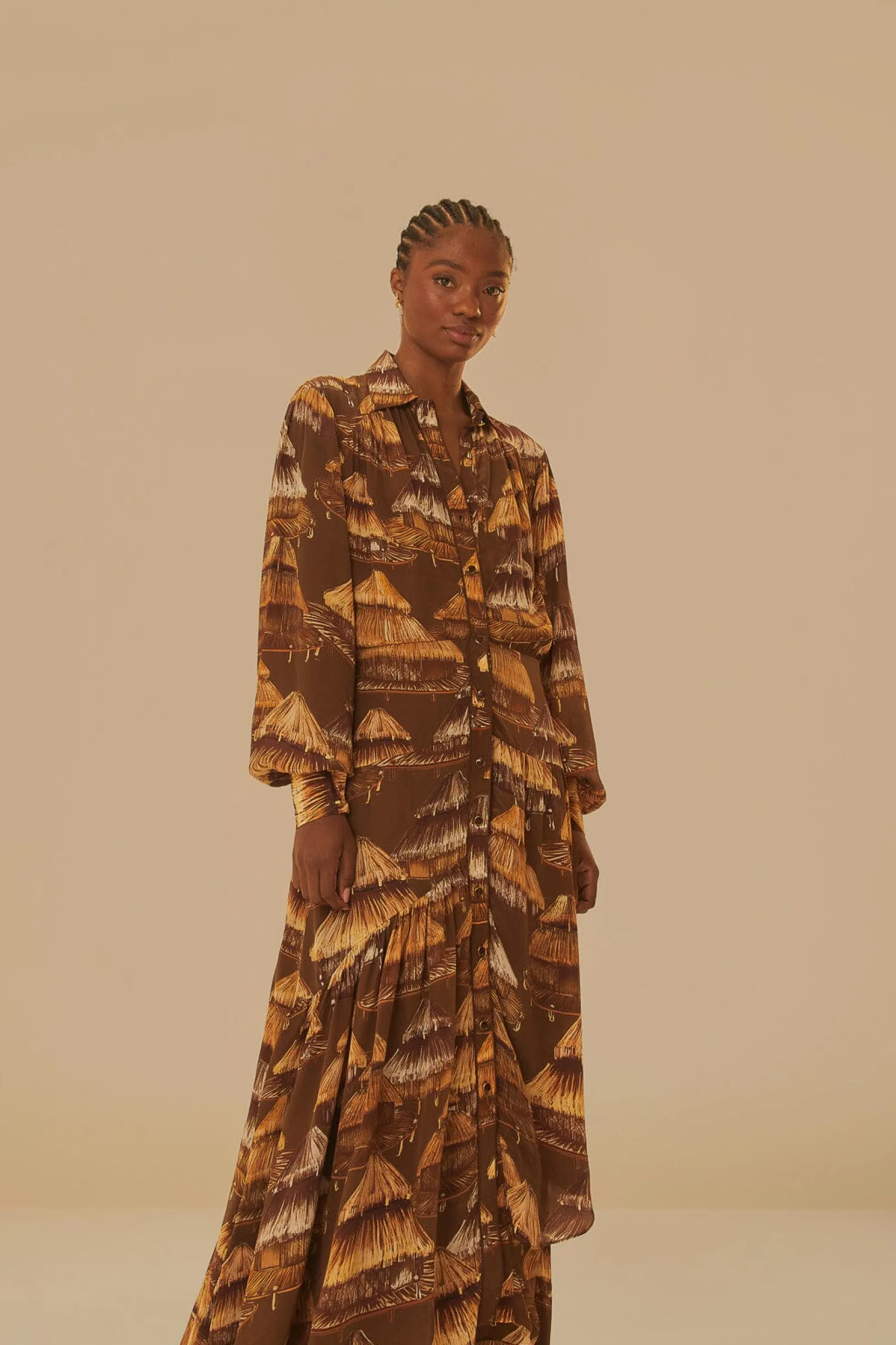 FARM Rio MALOCAS BEIGE LONG SLEEVE MIDI DRESS Discount