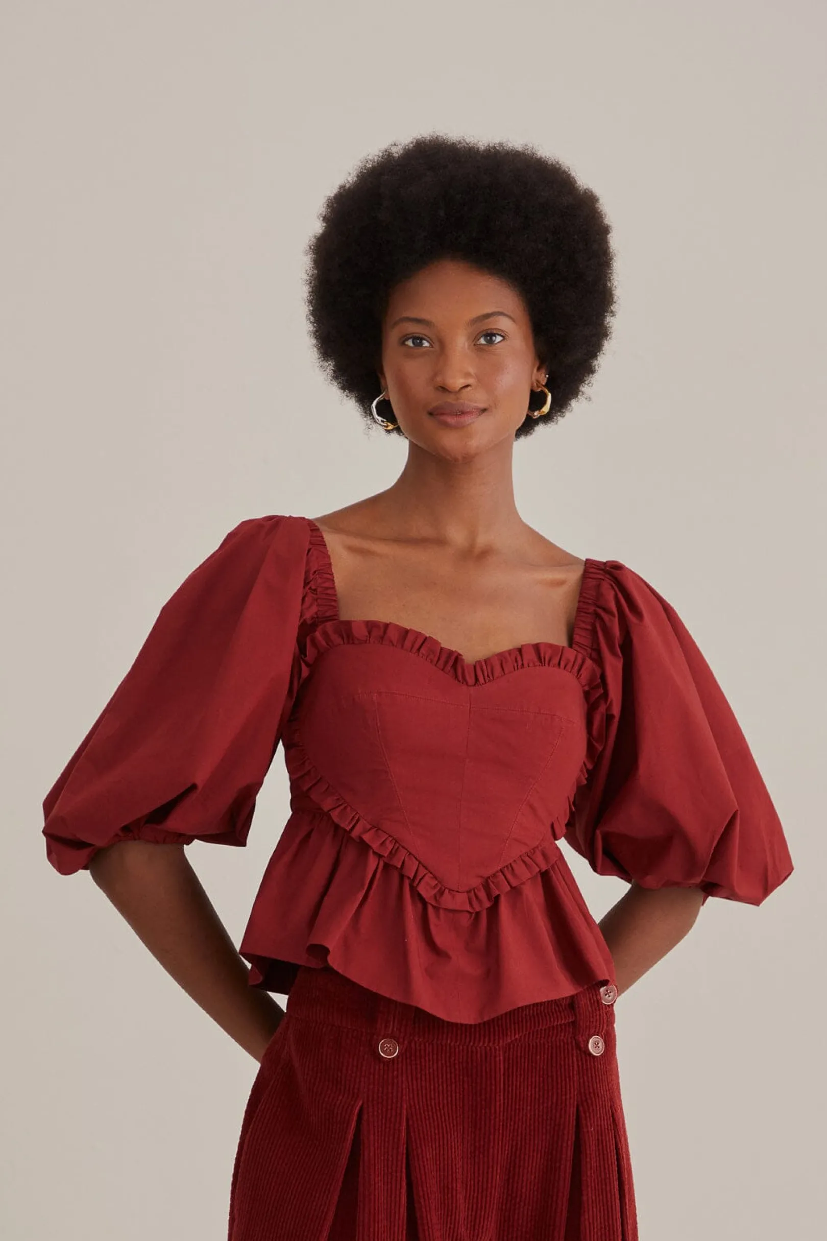 FARM Rio MARSALA HEART SHAPED PUFF SLEEVE BLOUSE Clearance