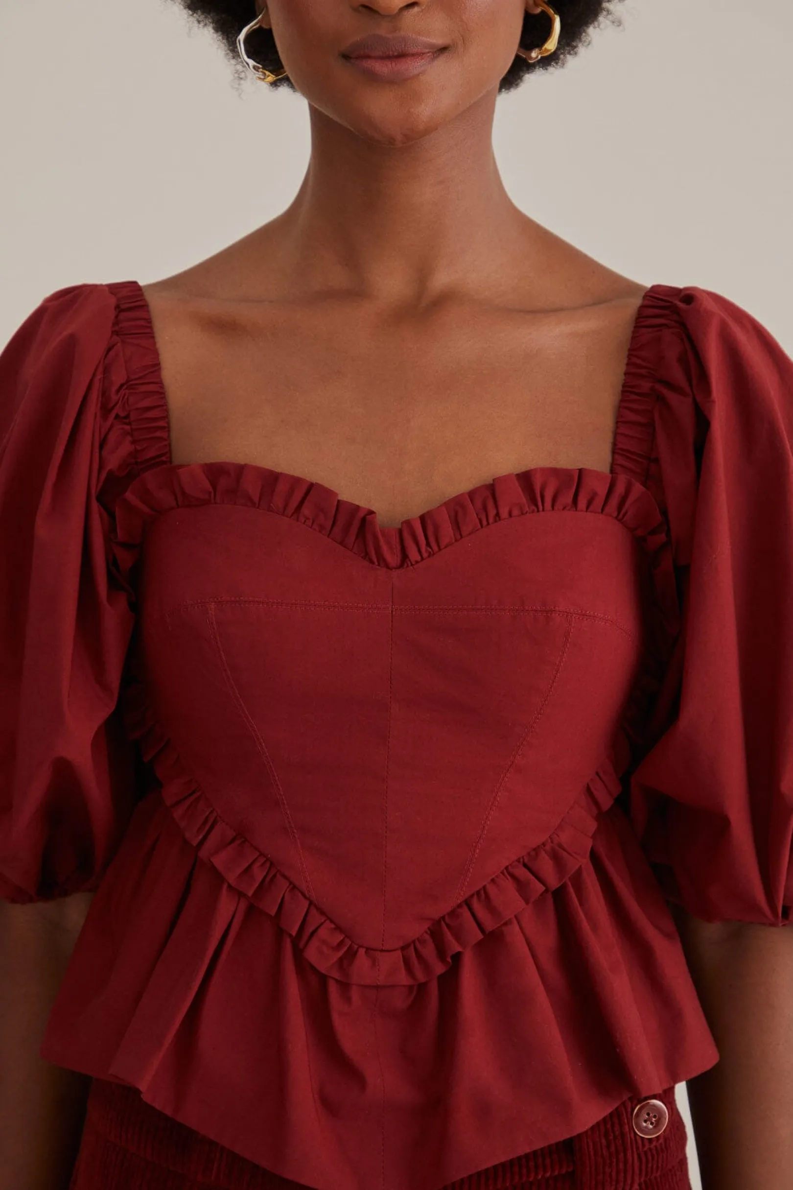FARM Rio MARSALA HEART SHAPED PUFF SLEEVE BLOUSE Clearance