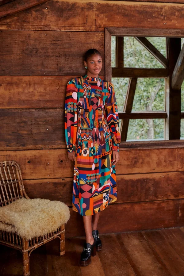 FARM Rio  MULTICOLOR TROPICAL SHAPES LENZING™ ECOVERO™ VISCOSE MIDI DRESS Flash Sale
