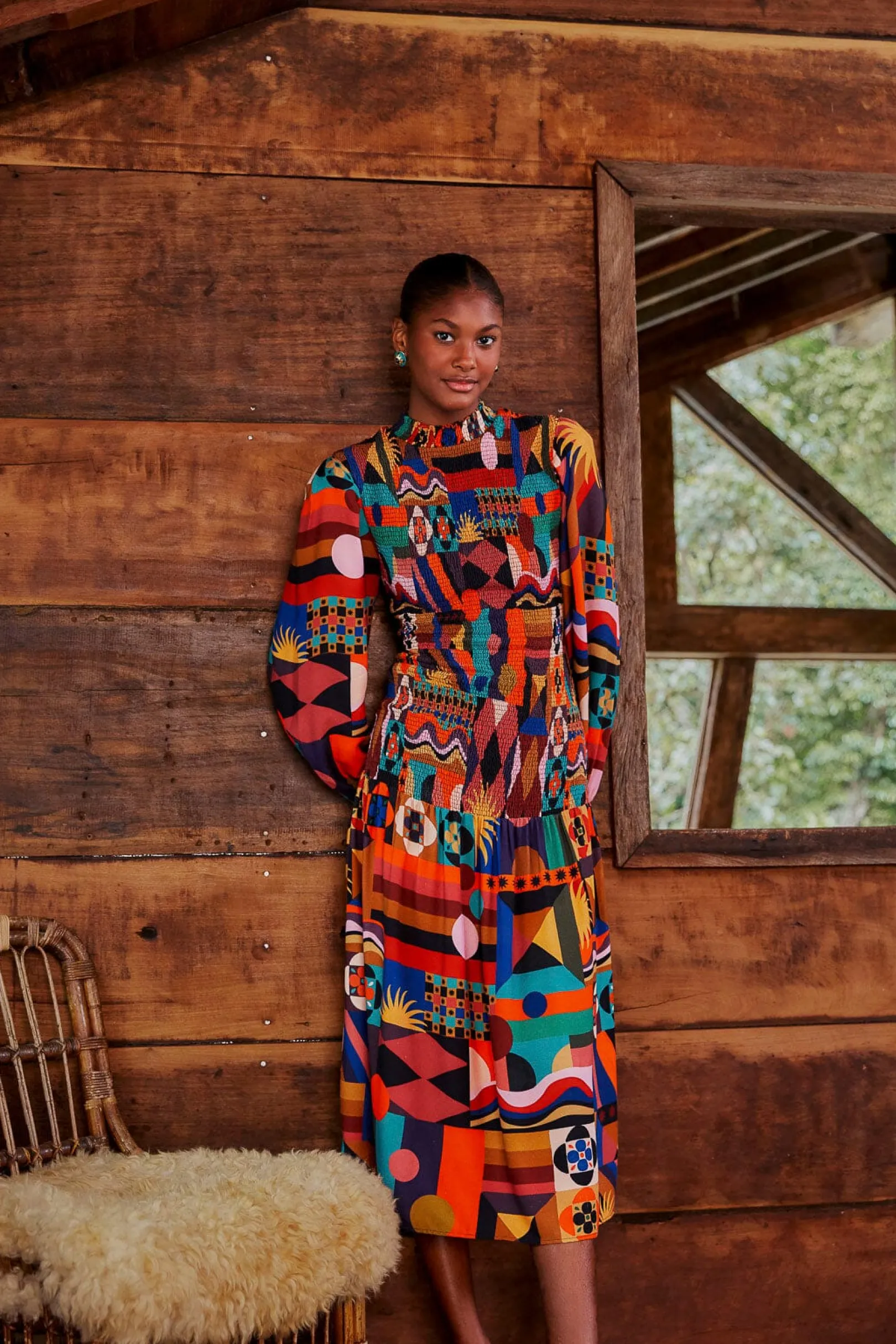 FARM Rio MULTICOLOR TROPICAL SHAPES LENZING™ ECOVERO™ VISCOSE MIDI DRESS Flash Sale