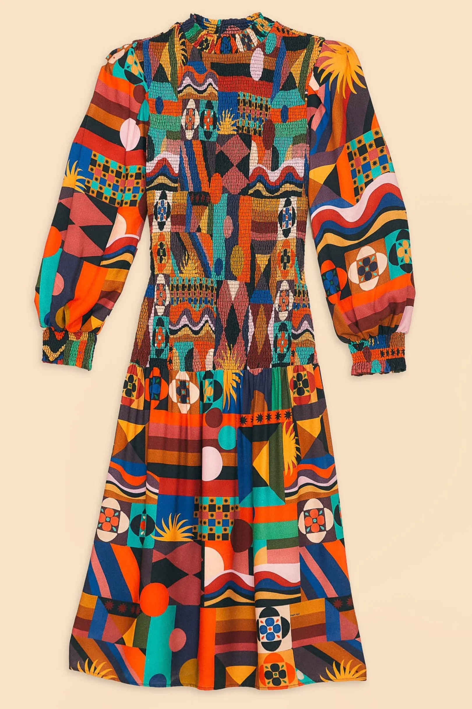 FARM Rio MULTICOLOR TROPICAL SHAPES LENZING™ ECOVERO™ VISCOSE MIDI DRESS Flash Sale
