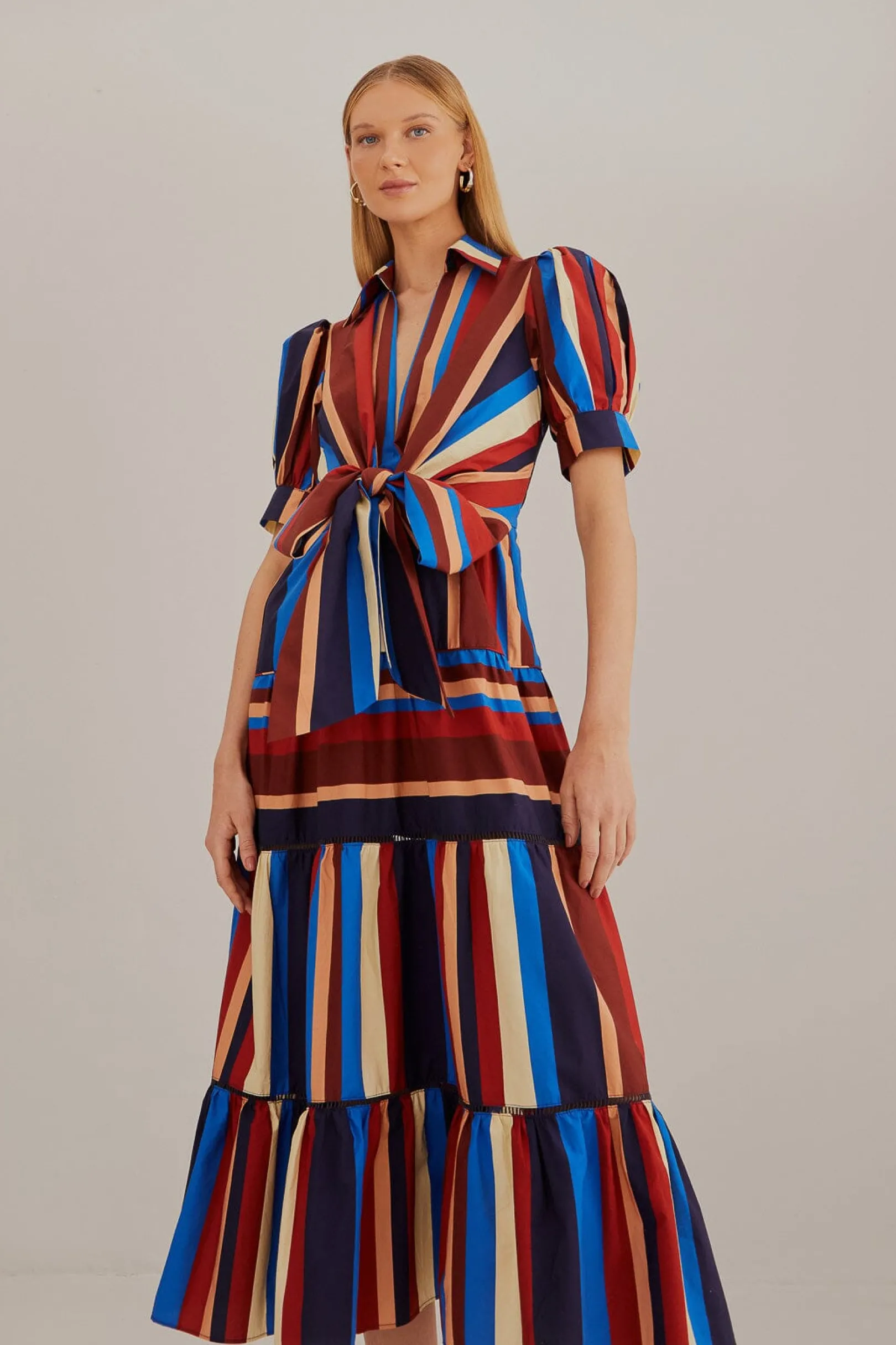 FARM Rio MULTICOLOR WINTER STRIPES SHORT SLEEVE MIDI DRESS Discount