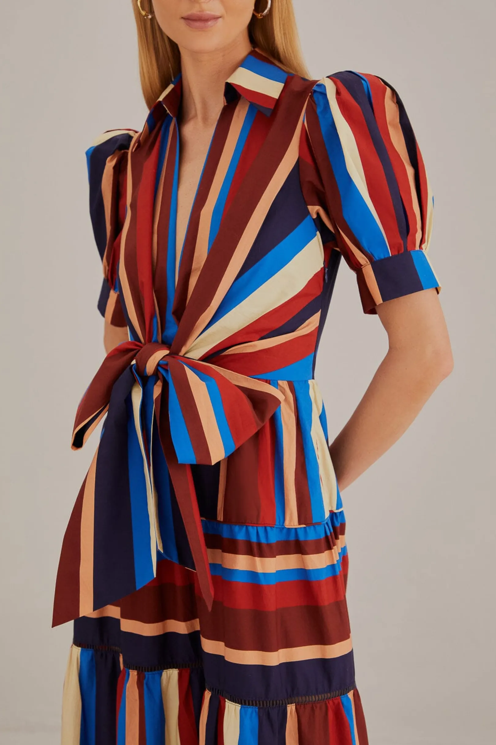 FARM Rio MULTICOLOR WINTER STRIPES SHORT SLEEVE MIDI DRESS Discount