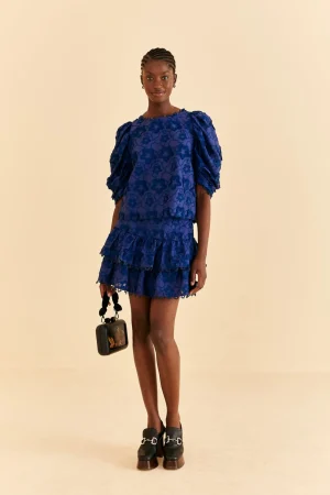 FARM Rio NAVY BLUE 3D STAR TEXTURE MINI SKIRT Hot