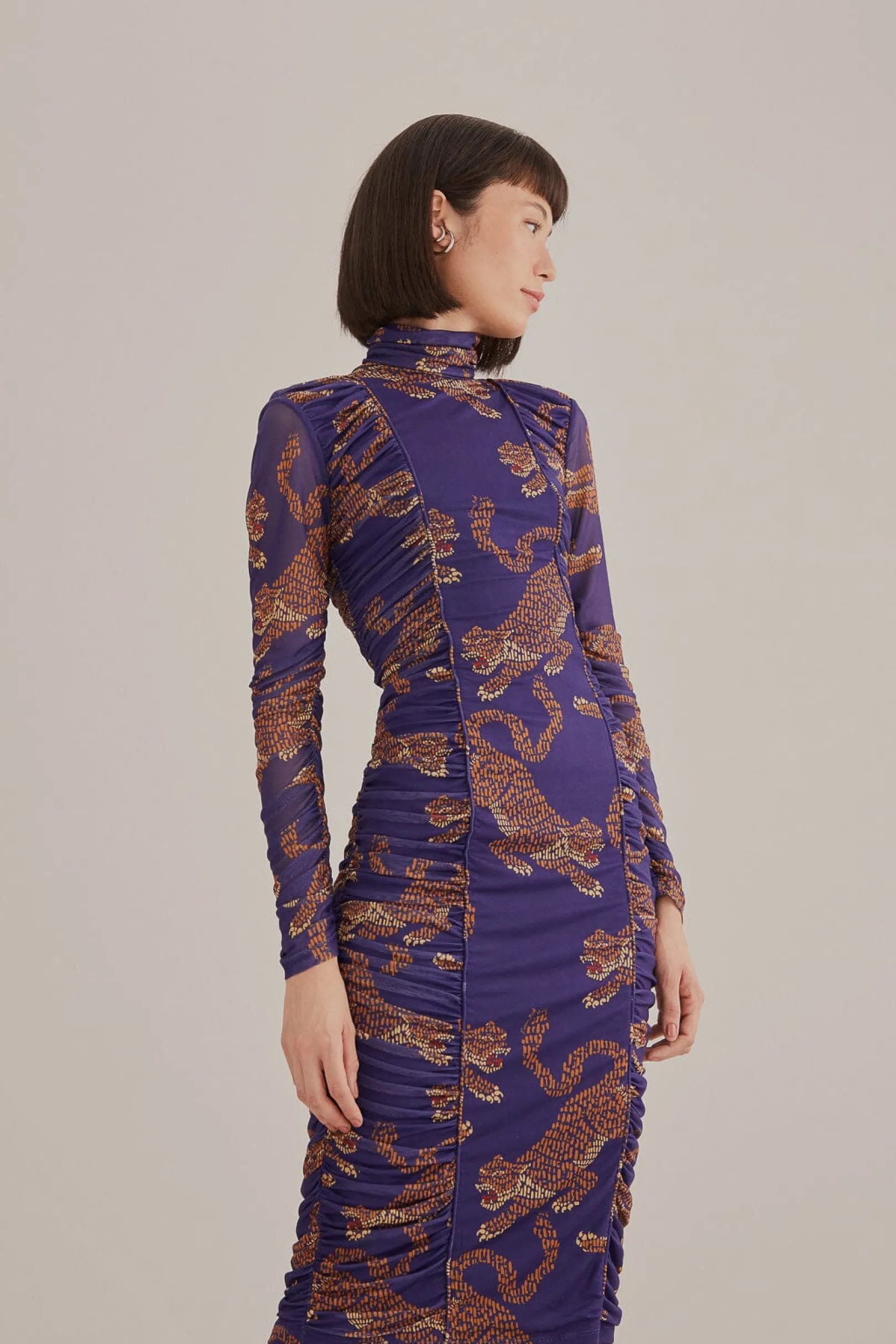 FARM Rio NAVY BLUE LEOPARDS HIGH NECK MIDI DRESS Cheap