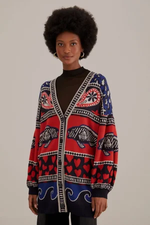 FARM Rio NAVY MIXED PRINTS KNIT CARDIGAN Cheap