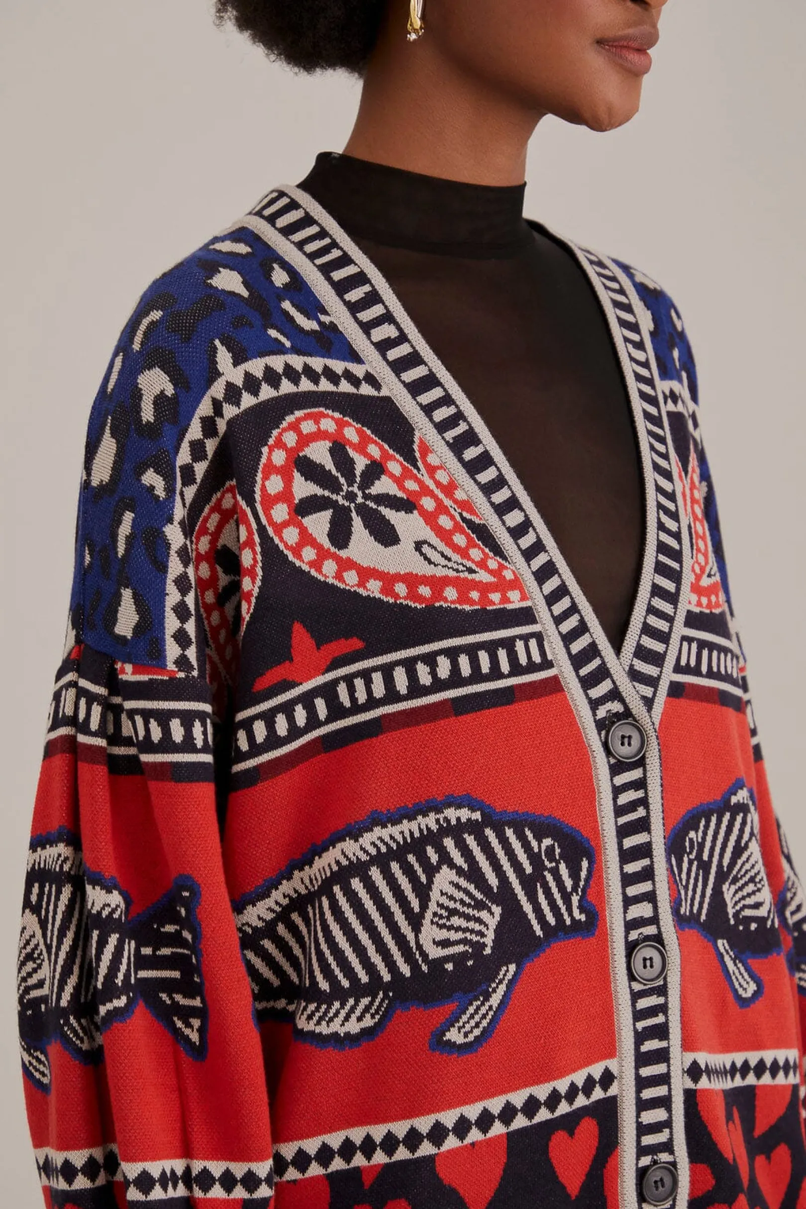 FARM Rio NAVY MIXED PRINTS KNIT CARDIGAN Cheap
