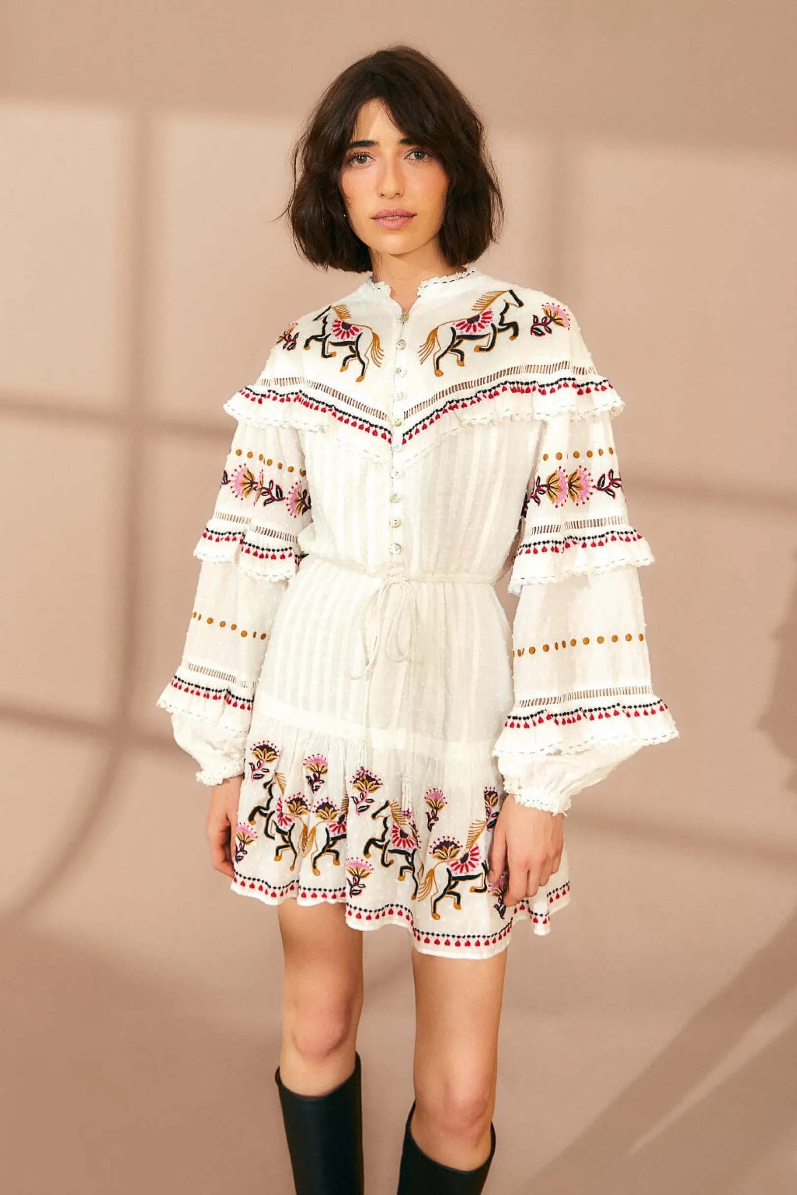 FARM Rio OFF-WHITE EMBROIDERED HORSES RUFFLE MINI DRESS Best