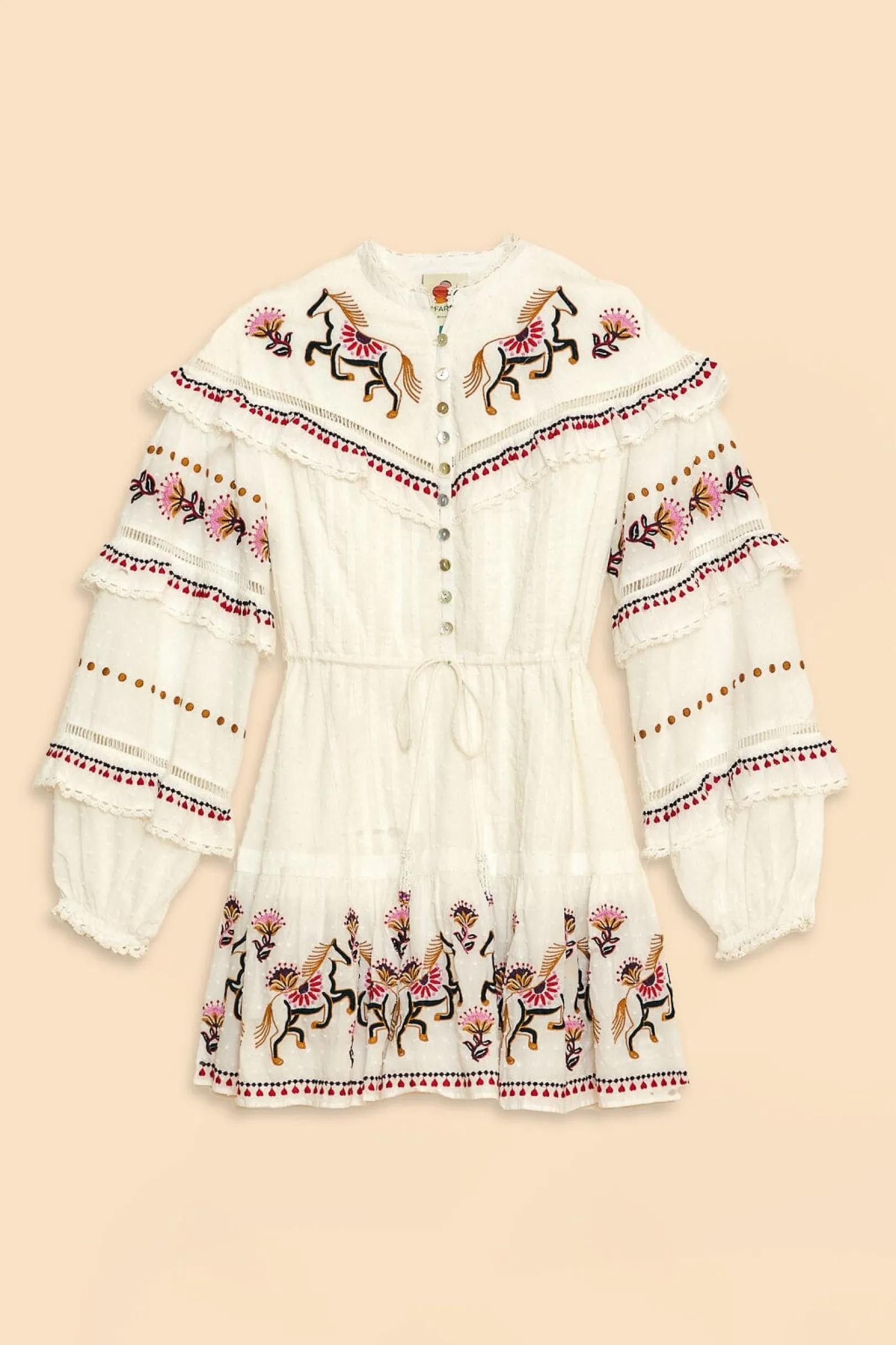FARM Rio OFF-WHITE EMBROIDERED HORSES RUFFLE MINI DRESS Best