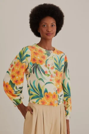 FARM Rio OFF-WHITE PINEAPPLE BLOOM KNIT CARDIGAN New