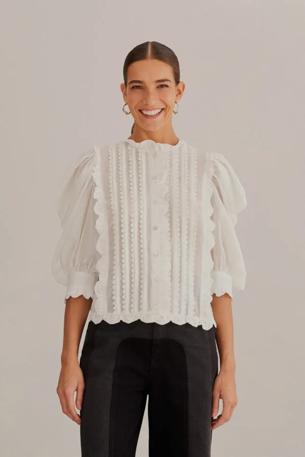 FARM Rio OFF-WHITE SHORT SLEEVE PLEATED BLOUSE Best