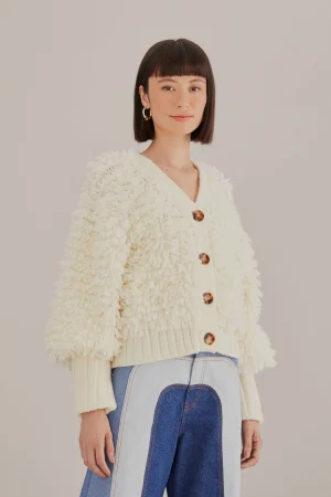 FARM Rio OFF-WHITE TEXTURED V NECK CARDIGAN Sale