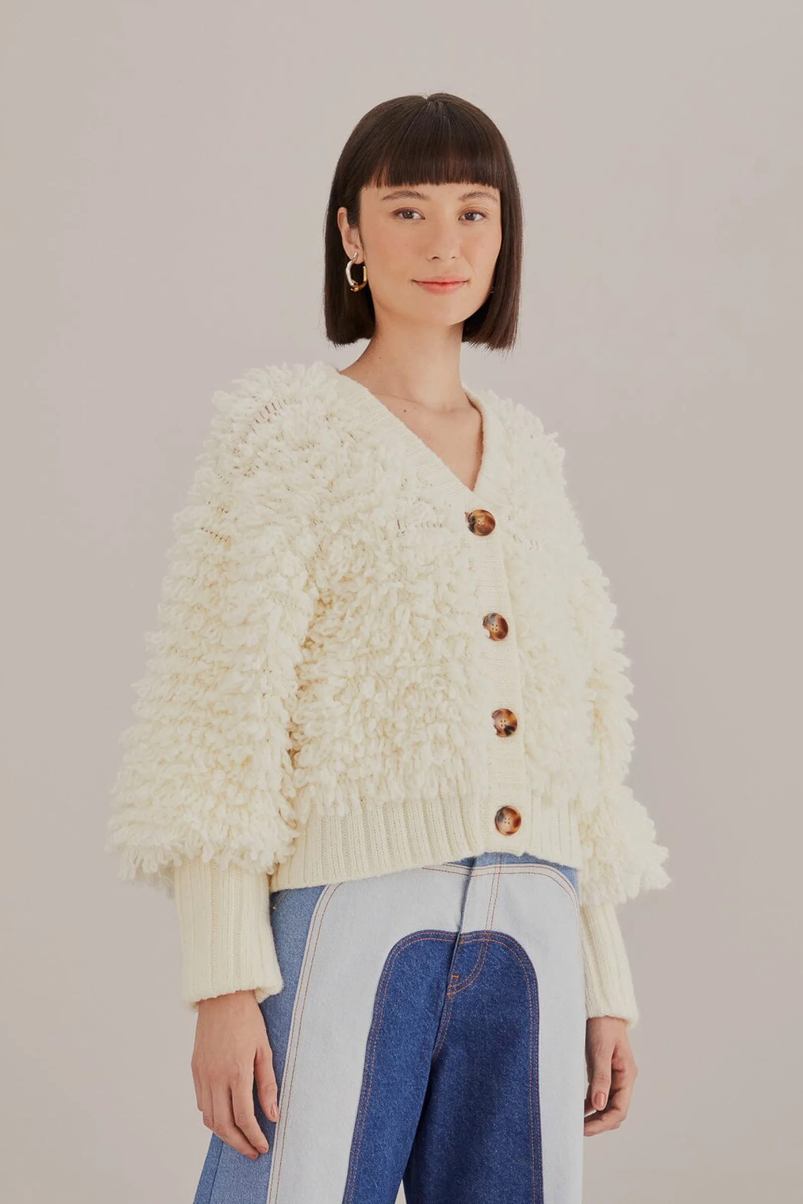 FARM Rio OFF-WHITE TEXTURED V NECK CARDIGAN Sale