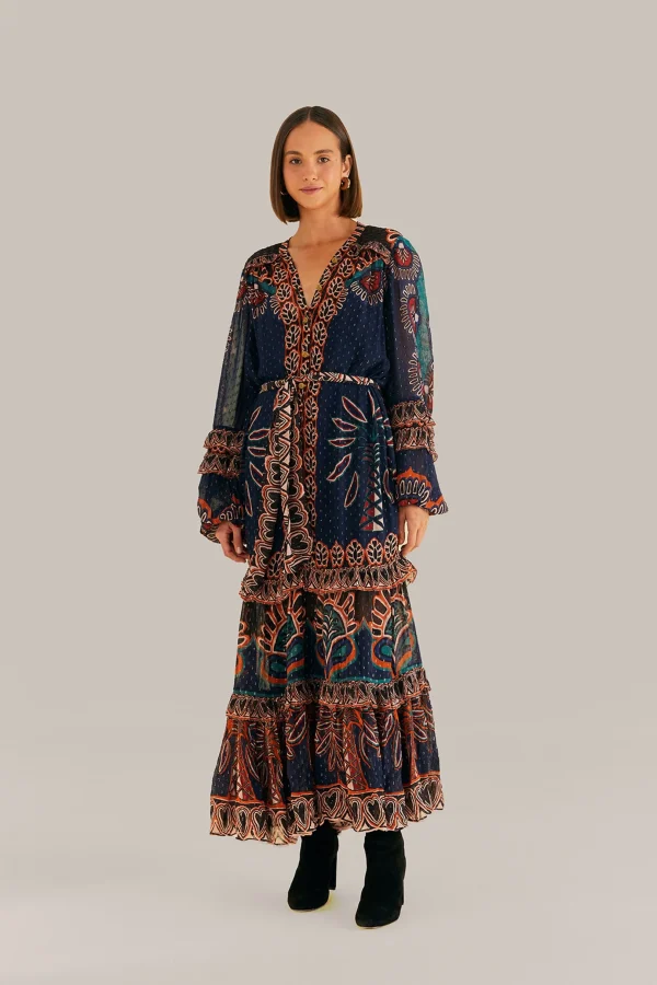 FARM Rio ORANGE AINIKA TAPESTRY SLIT MAXI DRESS Clearance
