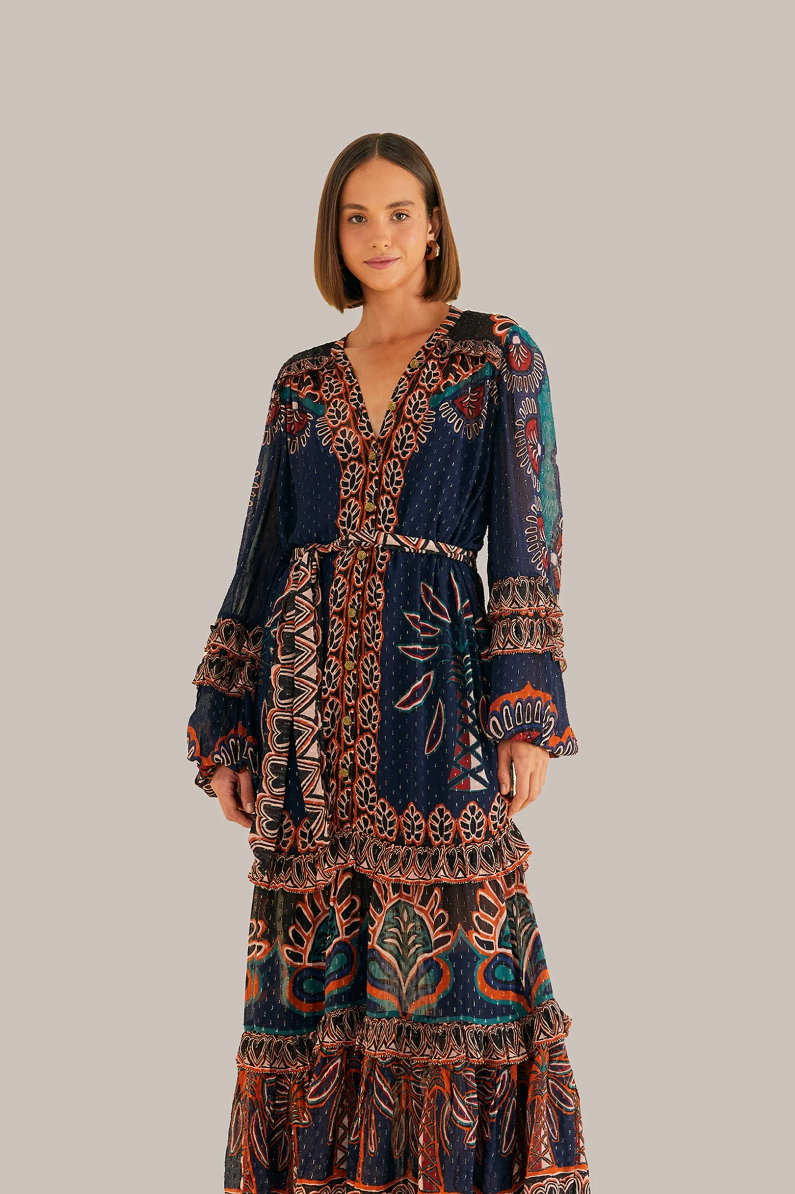 FARM Rio ORANGE AINIKA TAPESTRY SLIT MAXI DRESS Clearance