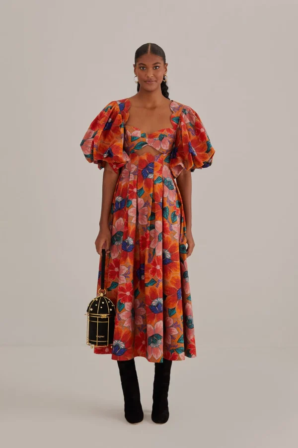 FARM Rio  ORANGE MARIAS FLORAL CUT-OUT MIDI DRESS Sale