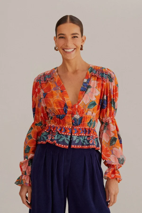 FARM Rio ORANGE MARIAS FLORAL LONG SLEEVE BLOUSE Cheap
