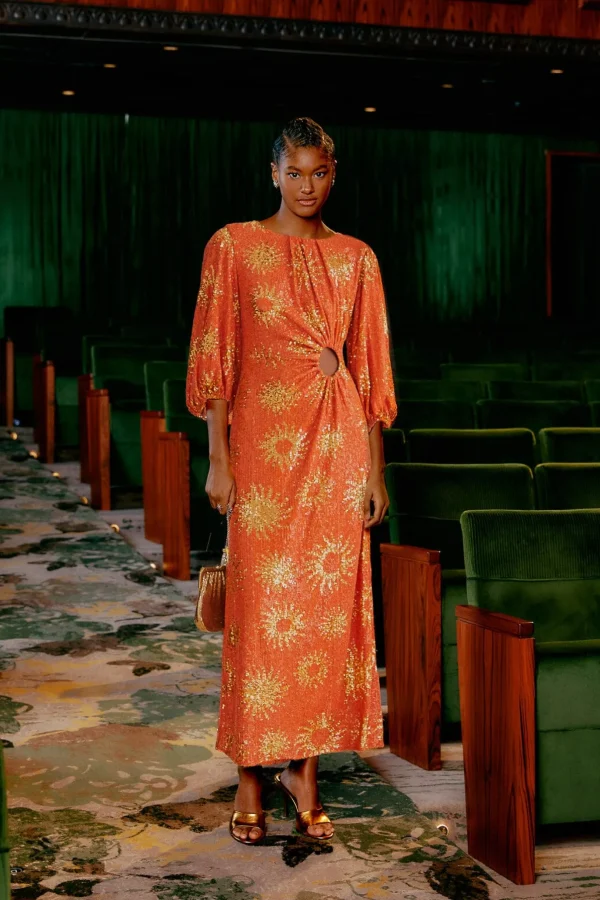 FARM Rio  ORANGE SUNNY MOOD SEQUIN CUT OUT MIDI DRESS Store