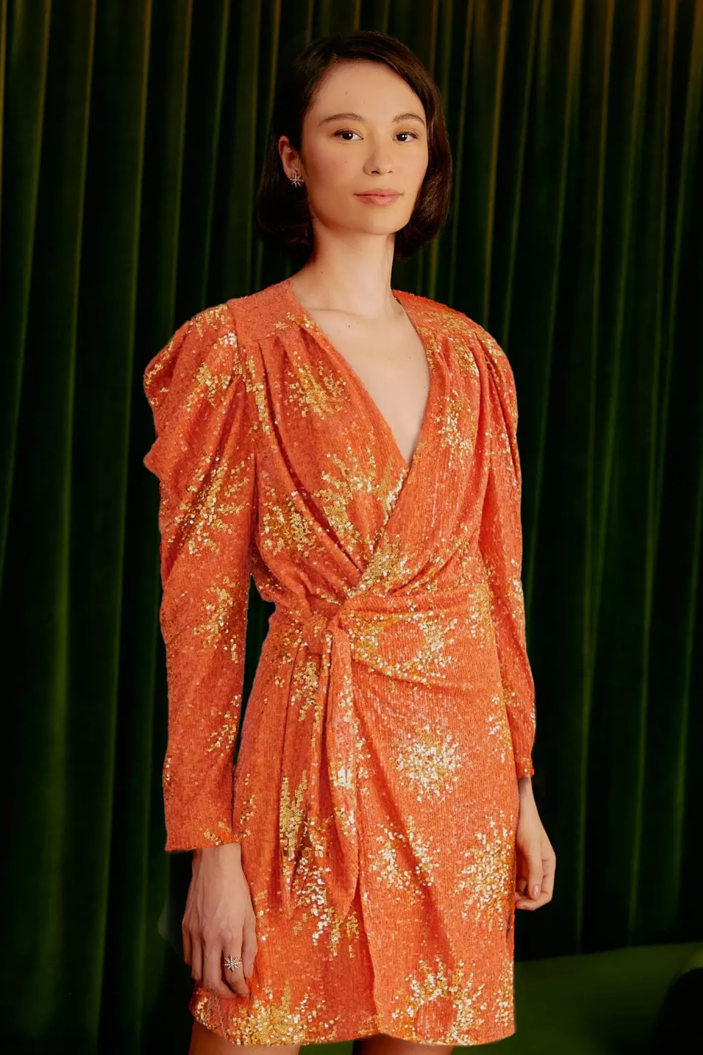 FARM Rio ORANGE SUNNY MOOD SEQUIN LONG SLEEVE MINI DRESS Clearance