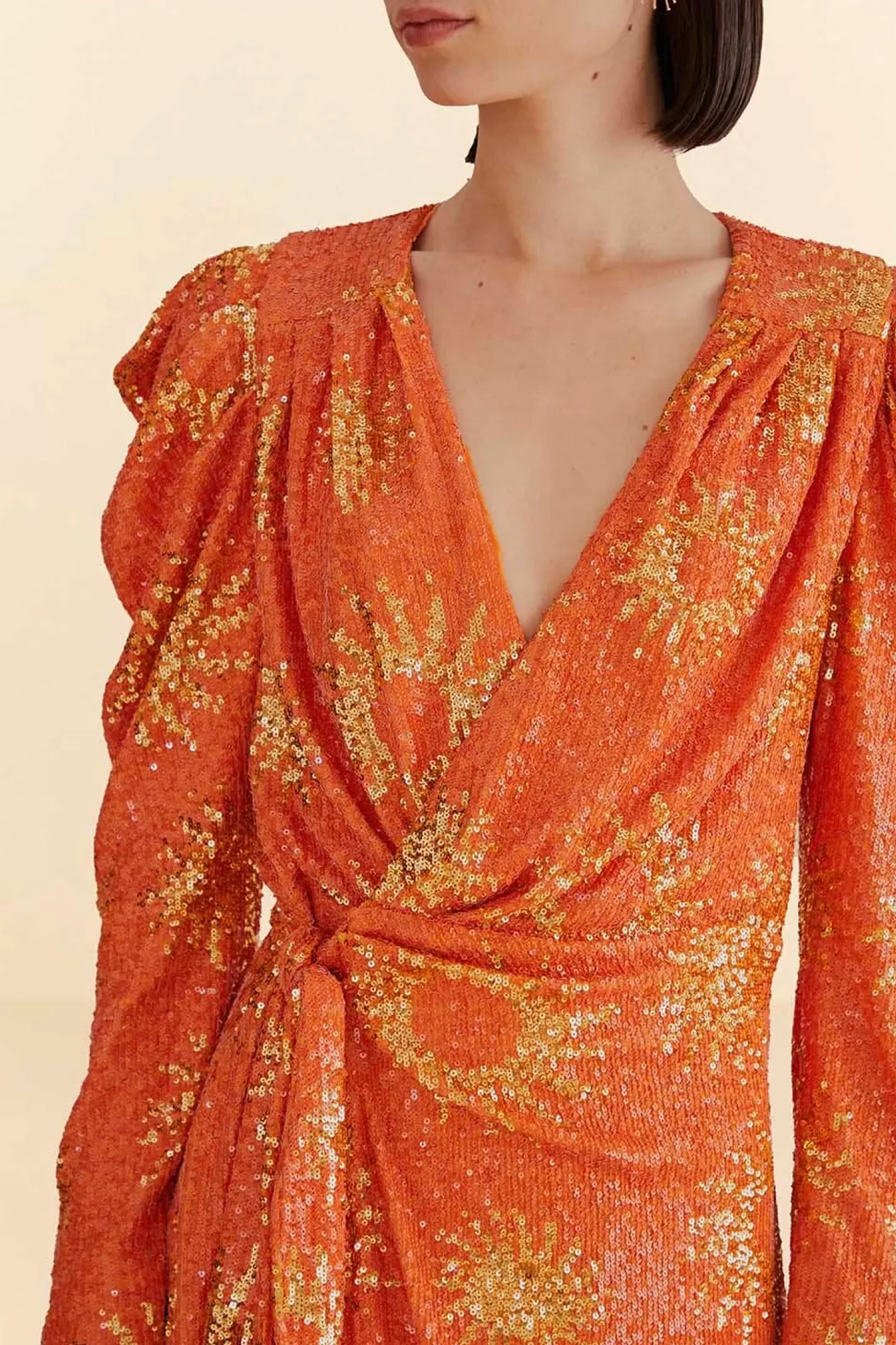 FARM Rio ORANGE SUNNY MOOD SEQUIN LONG SLEEVE MINI DRESS Clearance