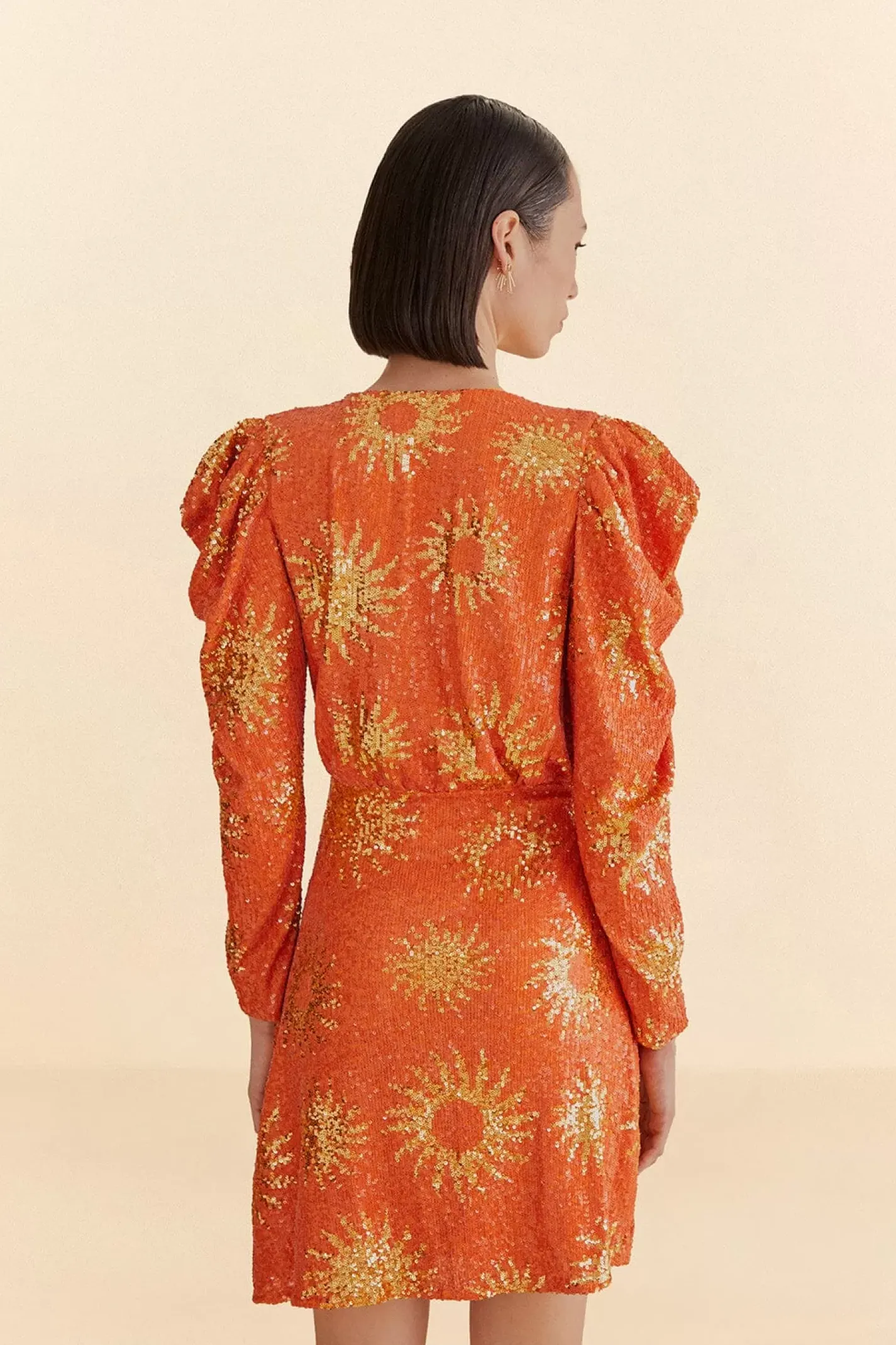 FARM Rio ORANGE SUNNY MOOD SEQUIN LONG SLEEVE MINI DRESS Clearance