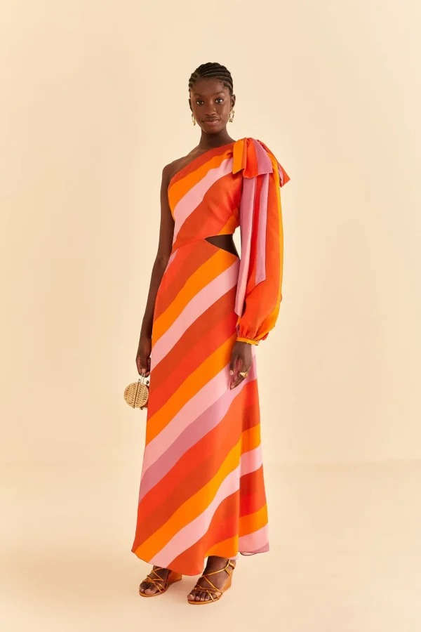FARM Rio PARTY STRIPES MULTICOLOR ONE SHOULDER MAXI DRESS Discount