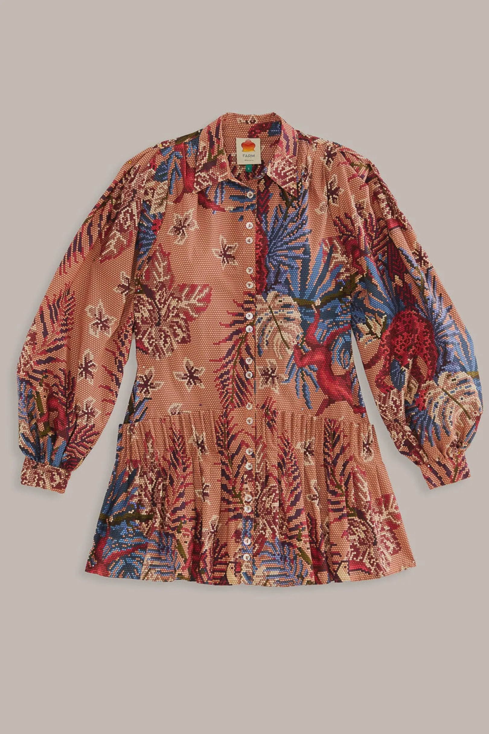 FARM Rio PINK BEADED FOREST LONG SLEEVE MINI DRESS Cheap