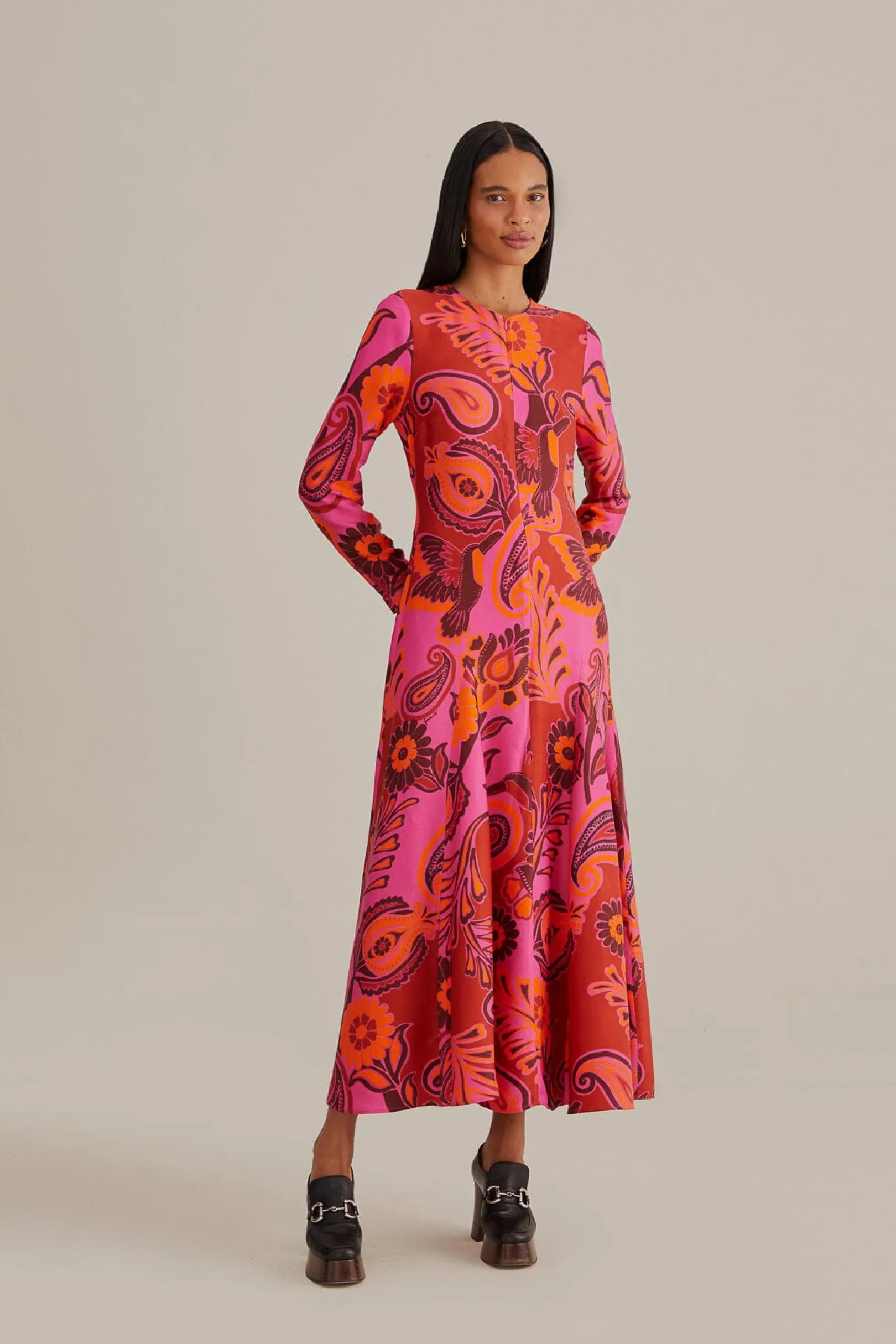 FARM Rio PINK BOLD FLORAL LONG SLEEVE MAXI DRESS Cheap