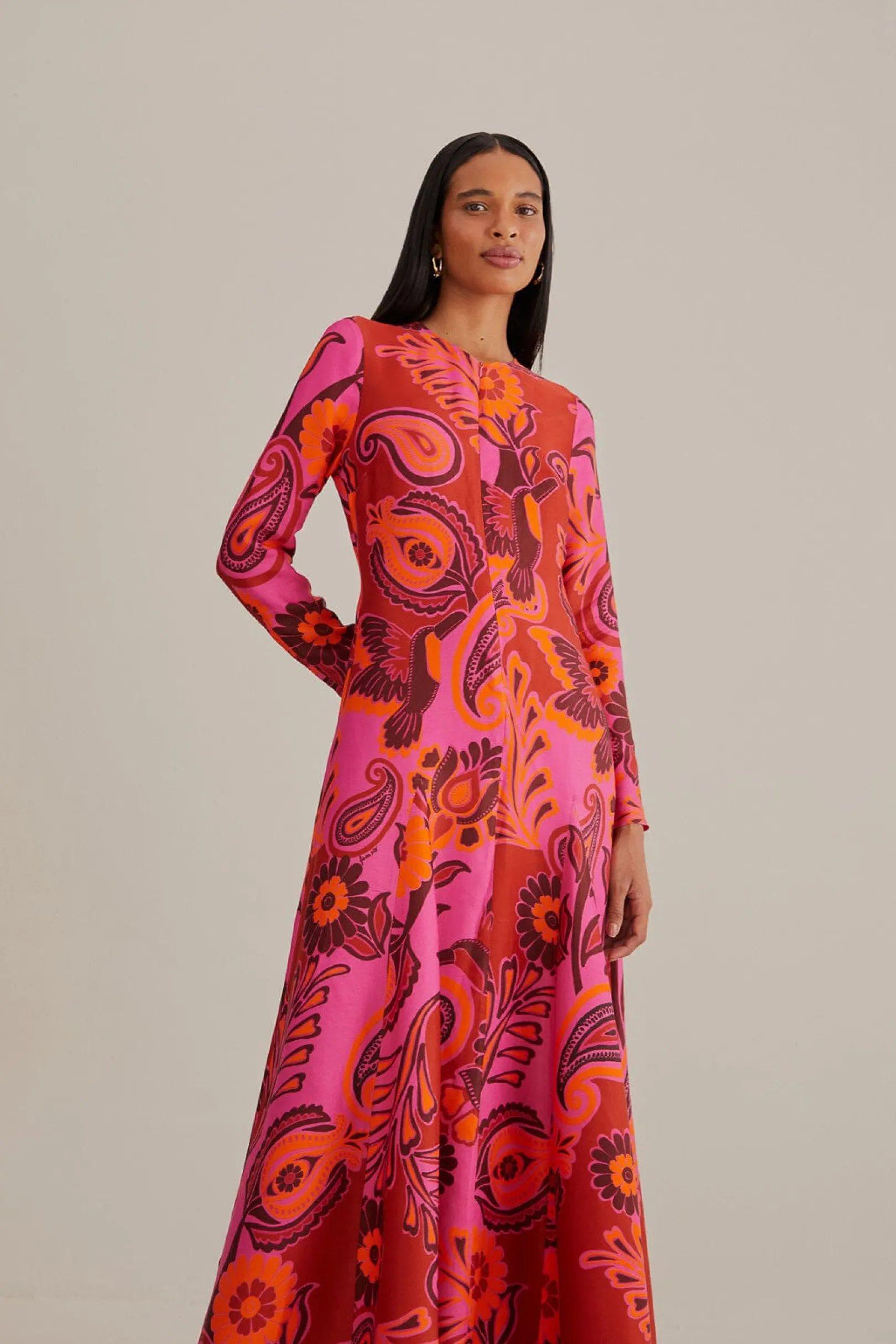 FARM Rio PINK BOLD FLORAL LONG SLEEVE MAXI DRESS Cheap