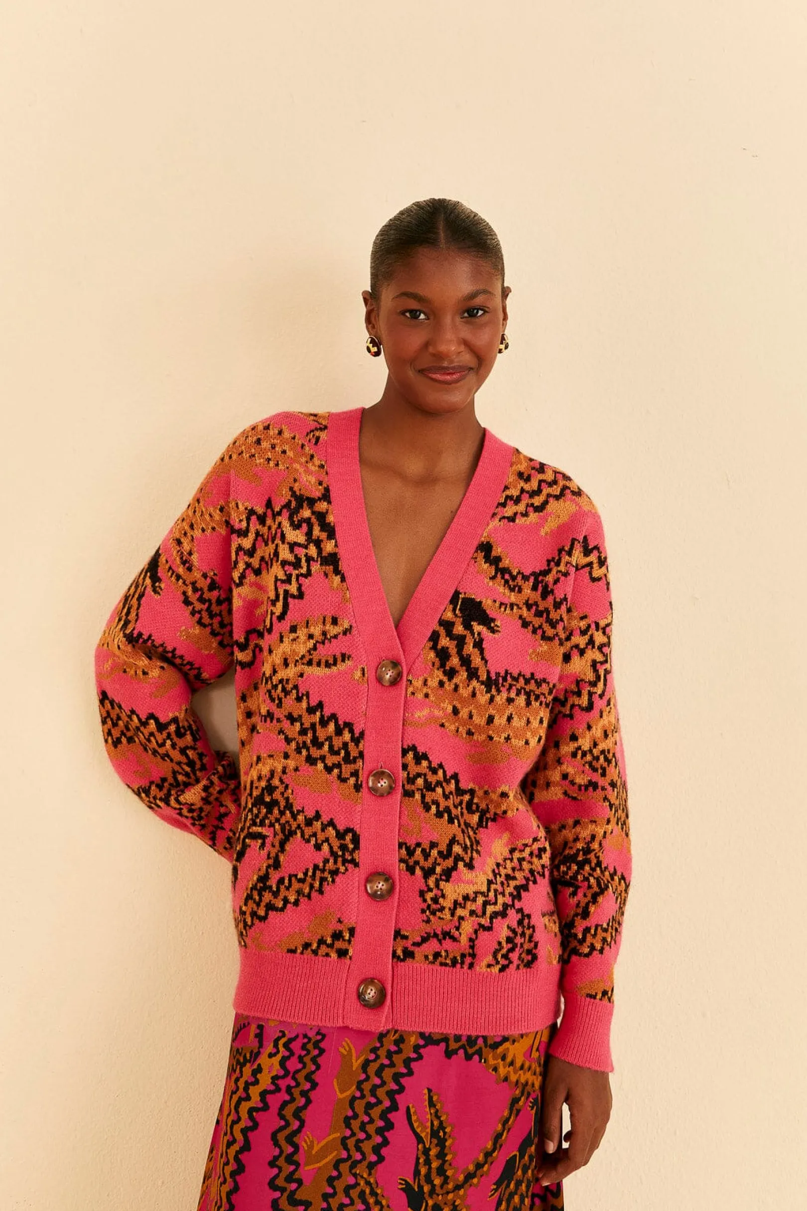 FARM Rio PINK CROCO KNIT CARDIGAN New