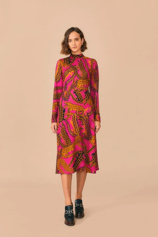 FARM Rio PINK CROCO LENZING™ ECOVERO™ VISCOSE SLIT MIDI DRESS New