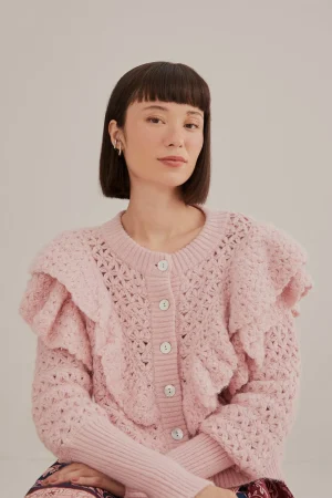 FARM Rio PINK FLOWER TEXTURE KNIT CARDIGAN Cheap