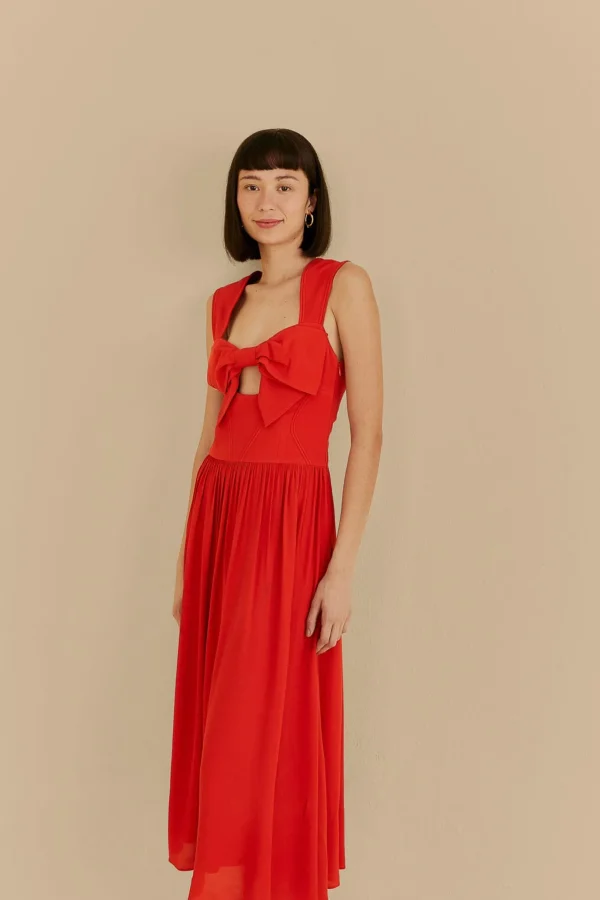 FARM Rio RED BOW SLEEVELESS MIDI DRESS Cheap