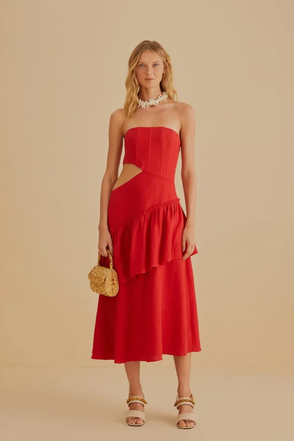 FARM Rio RED CUT OUT STRAPLESS MIDI DRESS Fashion