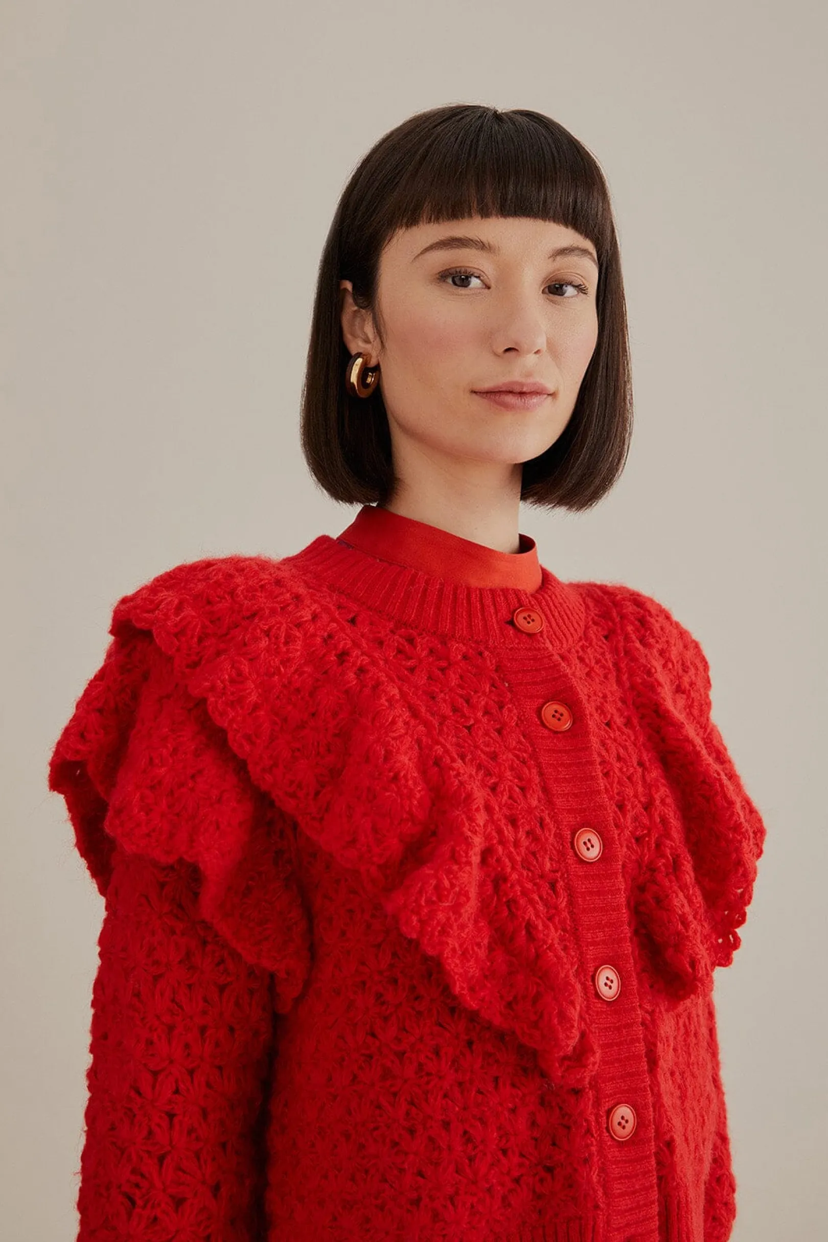 FARM Rio RED FLOWER TEXTURE KNIT CARDIGAN Store