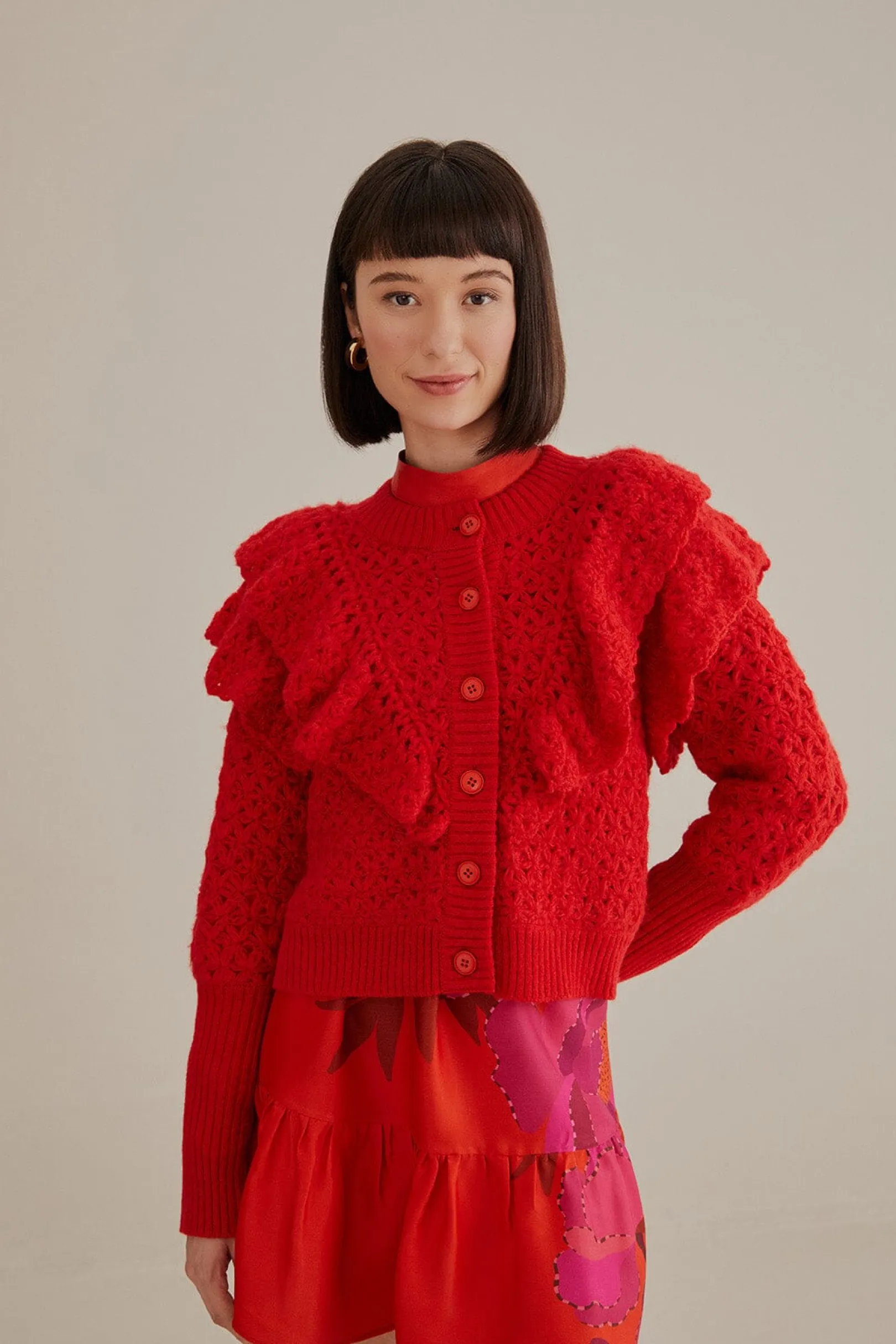 FARM Rio RED FLOWER TEXTURE KNIT CARDIGAN Store