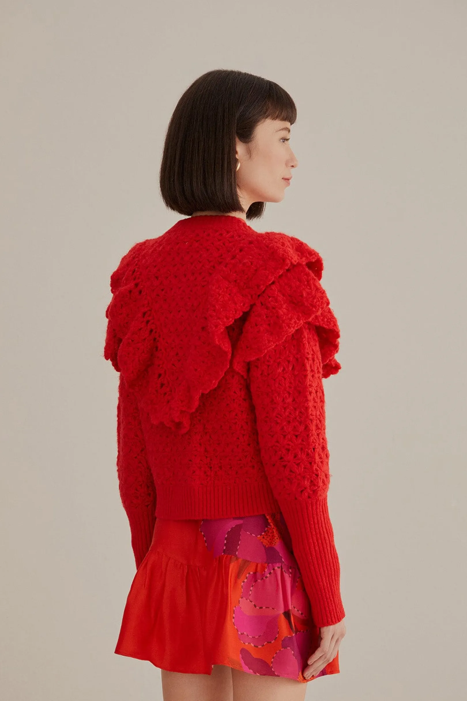 FARM Rio RED FLOWER TEXTURE KNIT CARDIGAN Store