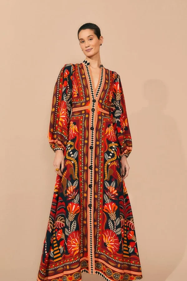 FARM Rio RED NATURE BEAUTY SCARF LONG SLEEVE MAXI DRESS Online